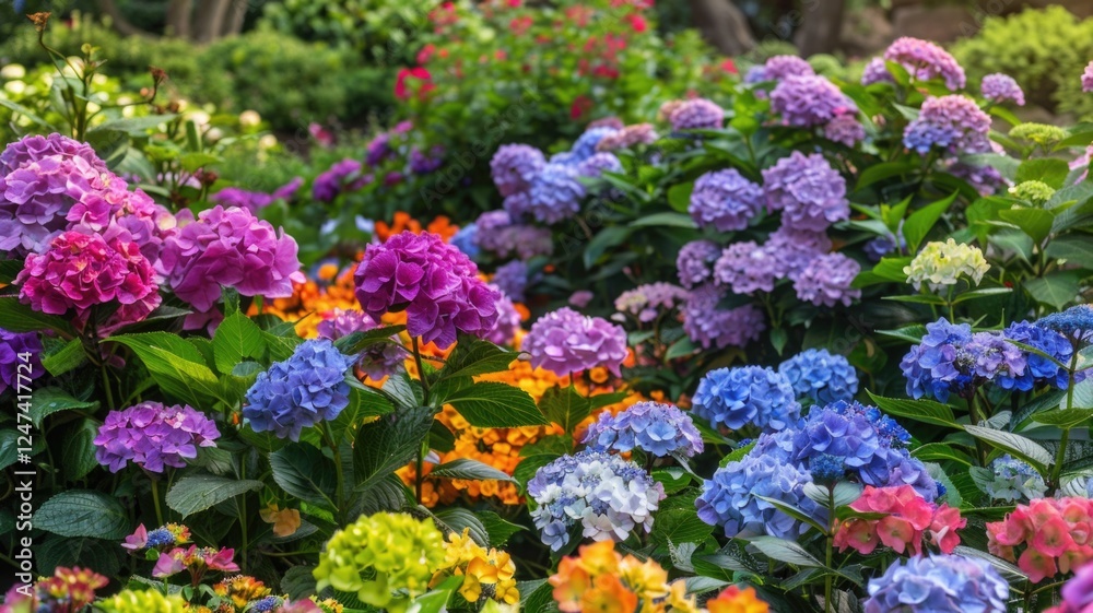 Vibrant hydrangea garden in full bloom featuring colorful seasonal blossoms Vibrant hydrangea garden in full bloom featuring colorful seasonal blossoms