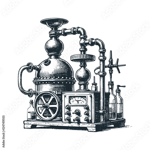 Ancient Vintage Distillation Machine – Black White Vector Illustration
