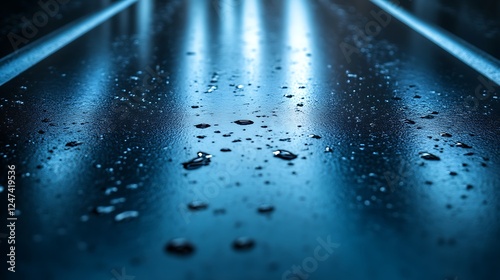 Dark Blue Surface Wet With Raindrops Reflections Visible
