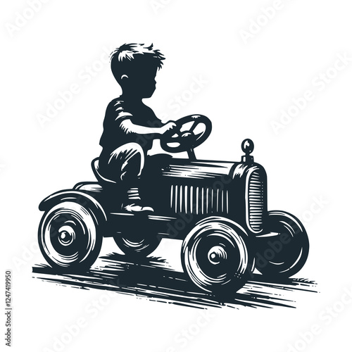 Little Boy Riding a Pedal Car – Black and White Icon Vector and Illustration