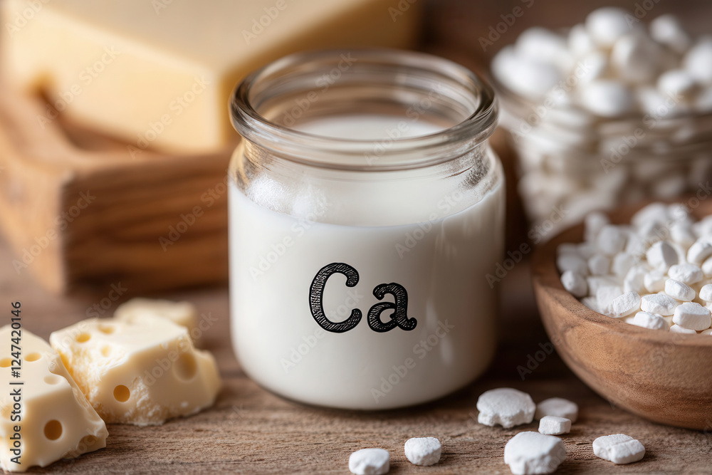 Food products rich in calcium arranged on an old wooden surface with a jar labeled Ca for emphasis on healthy nutrition Food products rich in calcium arranged on an old wooden surface with a jar labeled Ca for emphasis on healthy nutrition