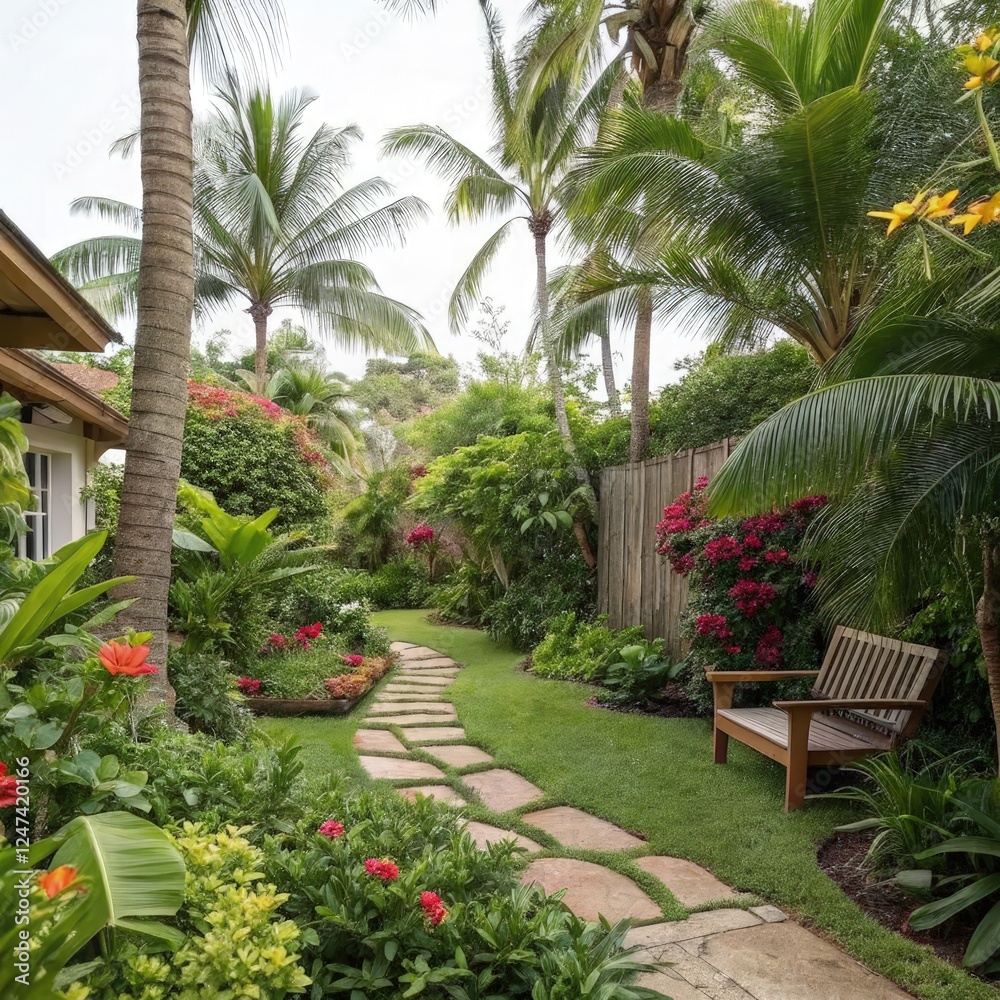 Tropical Garden Pathway in a Lush Backyard Setting. Generative AI Tropical Garden Pathway in a Lush Backyard Setting. Generative AI