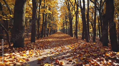A serene walk through a picturesque forest during autumn captures the beauty of nature's vibrant colors. Golden leaves blanket the ground as trees sway gently.