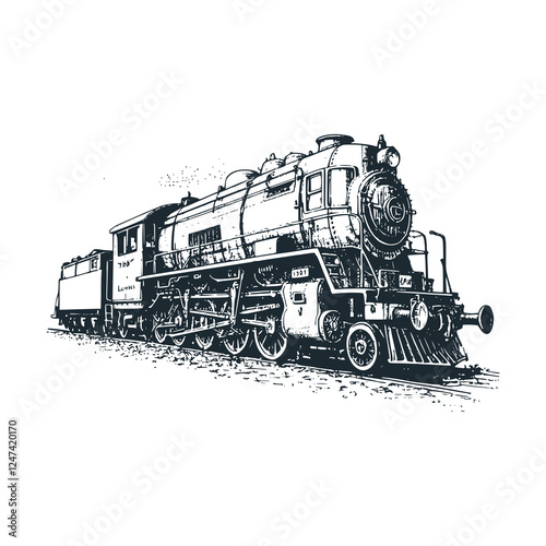 Steam locomotive Black white vector illustration.