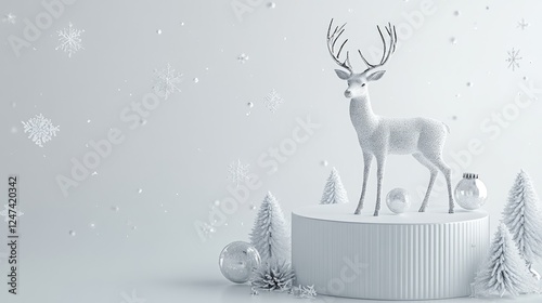 A serene winter scene featuring a white reindeer on a pedestal surrounded by snowflakes.
