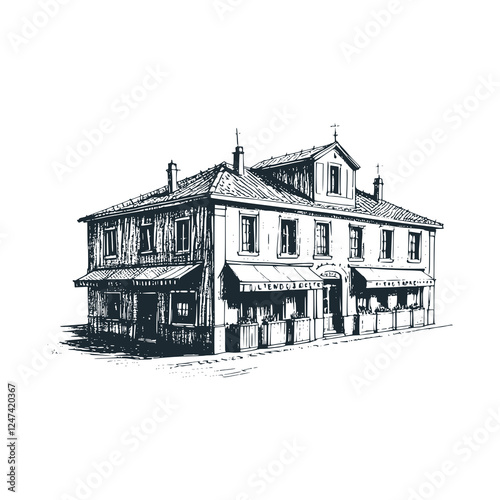 Two-Story Midwest Saloon House – Black and White Icon Vector and Illustration