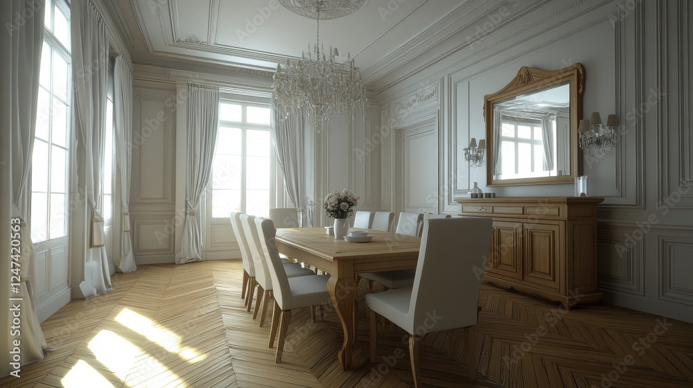 Fototapeta premium Elegant Dining Room Interior with Light Streaming Through Windows and a Chandelier in Focus