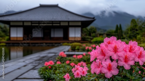 Wallpaper Mural Serene Japanese Garden with Vibrant Azalea Bushes and Traditional Architecture Torontodigital.ca
