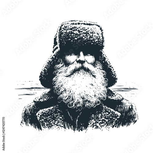 Bearded Elderly Man in Siberian Winter Hat and Coat – Black and White Icon Vector and Illustration