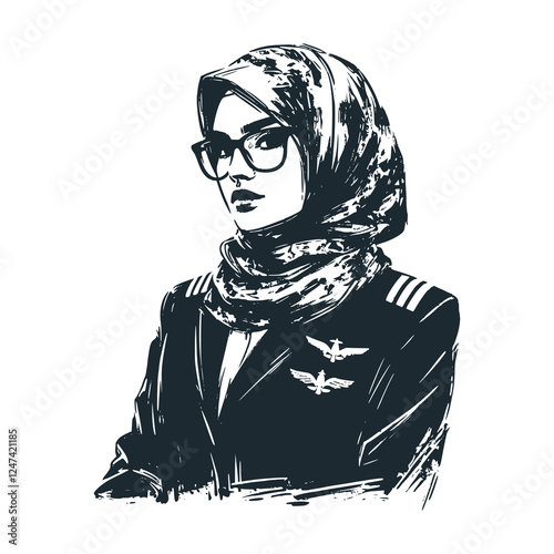 Hijabi Muslim Woman Pilot in Uniform and Glasses – Black and White Icon Vector and Illustration