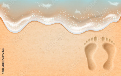 Sandy background with an incoming wave and human footprints. Photo- realistic vector illustration.