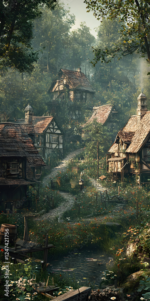 Obraz premium Charming Village Landscape: Explore the Idyllic Greenery, Rustic Architecture, and Enchanting Nature of Tranquil Cottages and Scenic Hillsides in a Vibrant Artistic Escape to the Countryside