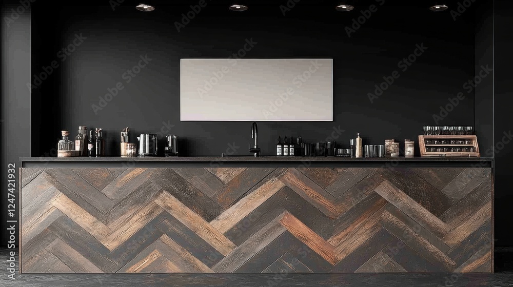 Modern Bar Counter with Geometric Wood Design and Minimalist Decor in a Chic Interior Space Modern Bar Counter with Geometric Wood Design and Minimalist Decor in a Chic Interior Space