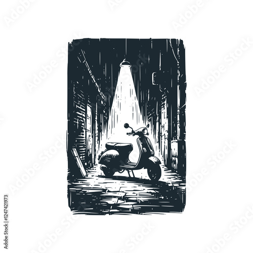 Classic Scooter Like Vespa in a Narrow Urban Slum Alley – Black and White Icon Vector and Illustration