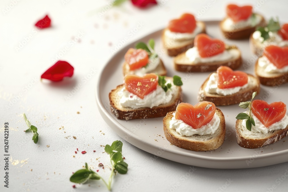 Heart-shaped salmon canapes on bread with cream cheese for romantic appetizers Heart-shaped salmon canapes on bread with cream cheese for romantic appetizers