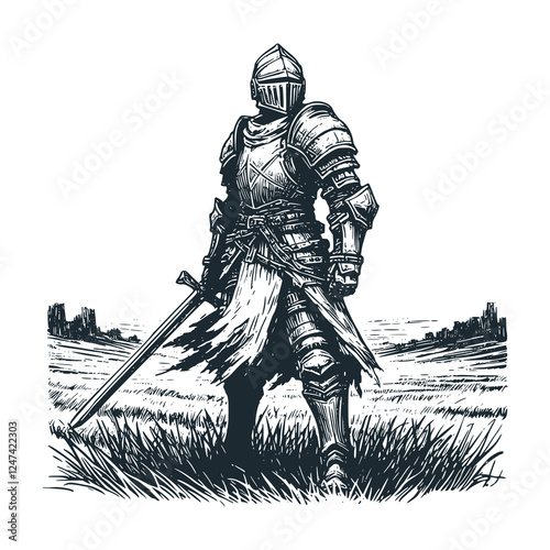 Knight Warrior with Sword Drawn Standing in Meadow – Black and White Icon Vector and Illustration.
