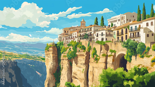 illustration, Cityscape of Ronda in Spain, touristic advertisement poster Beautiful city in the south of Spain, europe. Famous tourist must-see destination. High cliffs with houses. Famous bridge