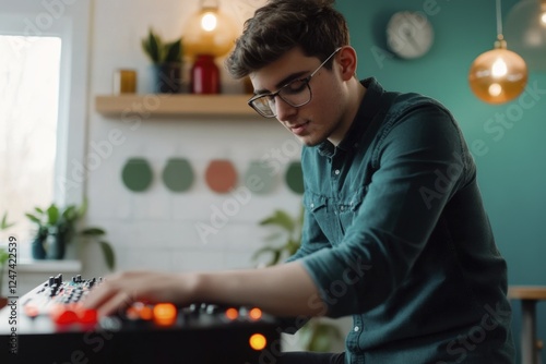 Young music producer creating beats in modern home studio