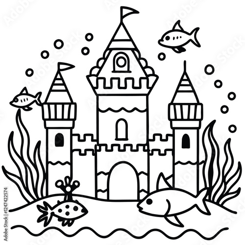 Cute Underwater Castle Coloring Page for Kids