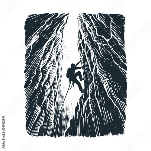Climber Ascending Between Two Rocky Cliffs – Black and White Icon Vector and Illustration