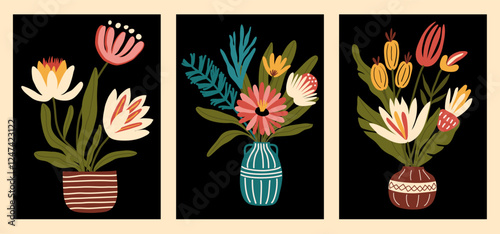 A set of modern abstract floral posters. Nerdy naive groovy funky wall paintings. Vector flat illustration for interior, paintings, postcards, covers, wallpapers, flower show on a black background.