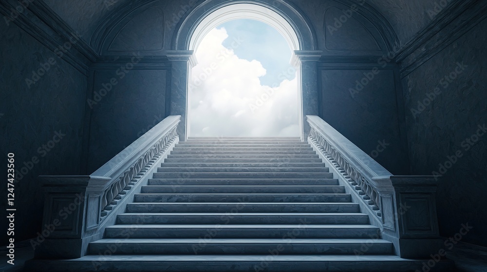 Fototapeta premium Ethereal gate at the top of a grand staircase, with soft, luminous clouds parting to reveal a bright, heavenly light, symbolizing the path to paradise and eternal peace