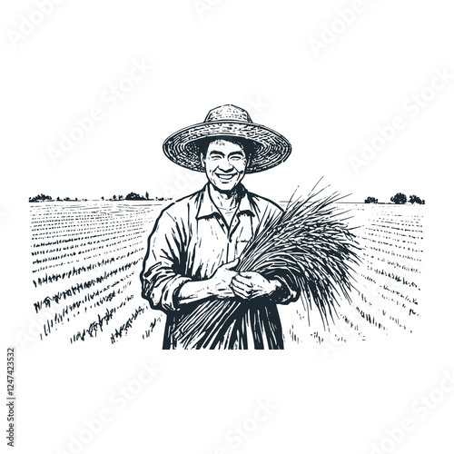 Smiling Asian Man Holding Harvested Wheat – Black and White Icon Vector and Illustration