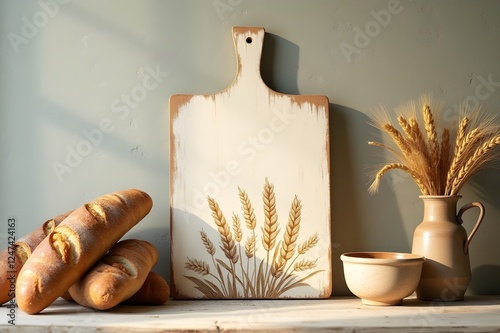 Rustic Bread and Wheat Harvest Composition Symbolizing Rural Artisanal Baking on Soft Green Background with Copy Space photo