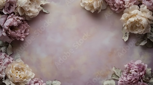 Fototapeta Naklejka Na Ścianę i Meble -  Pink peony border, pastel background