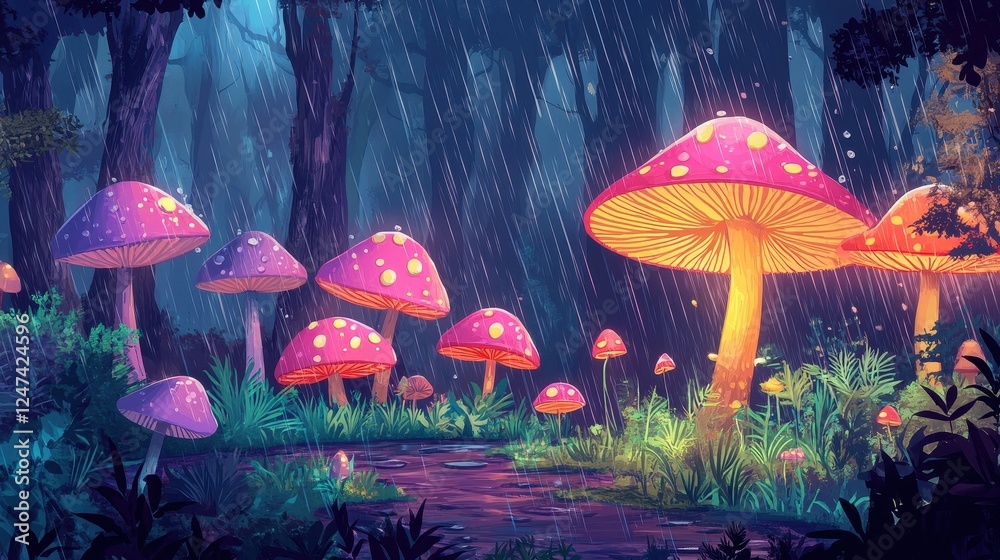 Fototapeta premium Glowing mushrooms in a whimsical forest scene during rainfall