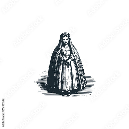 Medieval Woman in Virgin Mary Style Attire – Black and White Icon Vector and Illustration