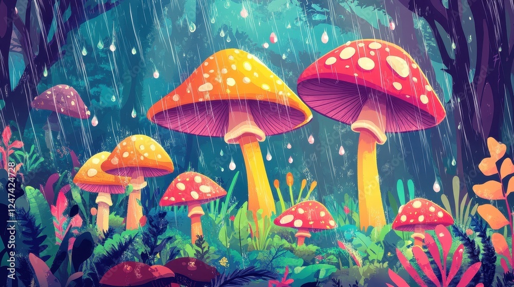 Fototapeta premium Cartoon mushrooms enjoy a rainy day in whimsical forest