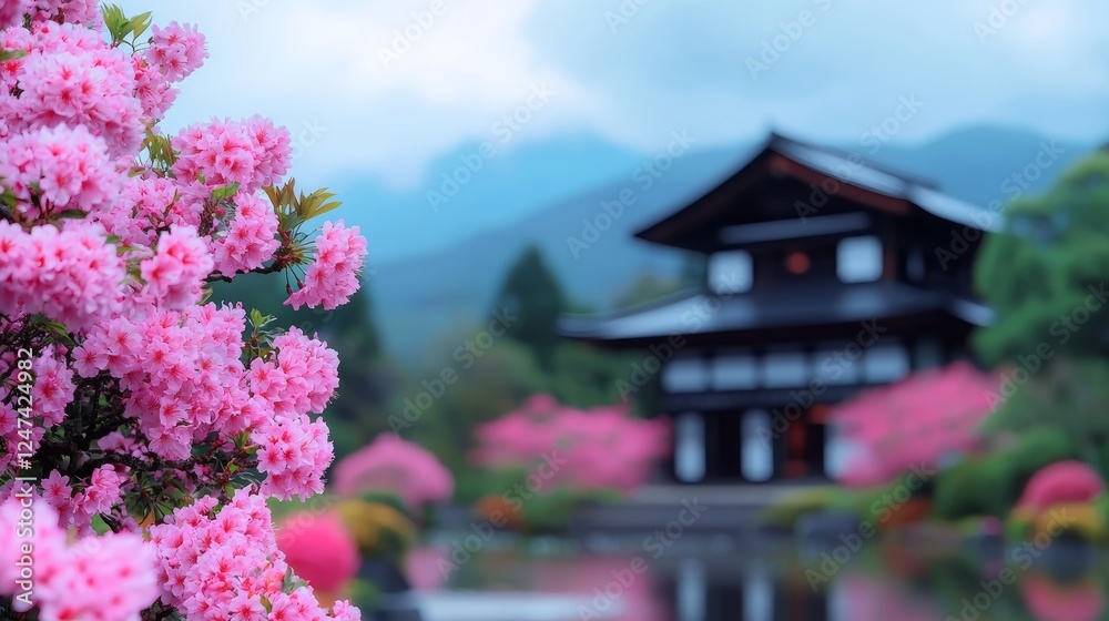 Serene Japanese Garden with Azalea Bushes and Tranquil Architecture in Spring Bloom Serene Japanese Garden with Azalea Bushes and Tranquil Architecture in Spring Bloom
