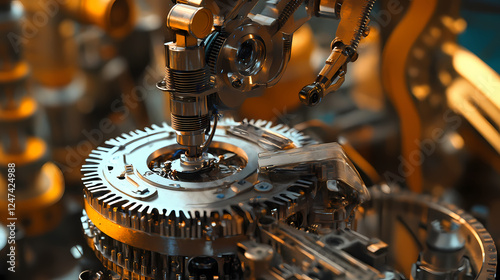 A 3d scene showing a mechanical part being replaced by a sleek, modern substitute in a highly detailed industrial setting. Mechanical Lifeforms. Illustration