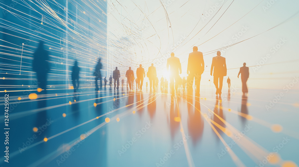 Fototapeta premium Group of business people silhouettes in modern office building and business network concept. Human resources with pastel innovation charts and graphs with statistics to analyze business