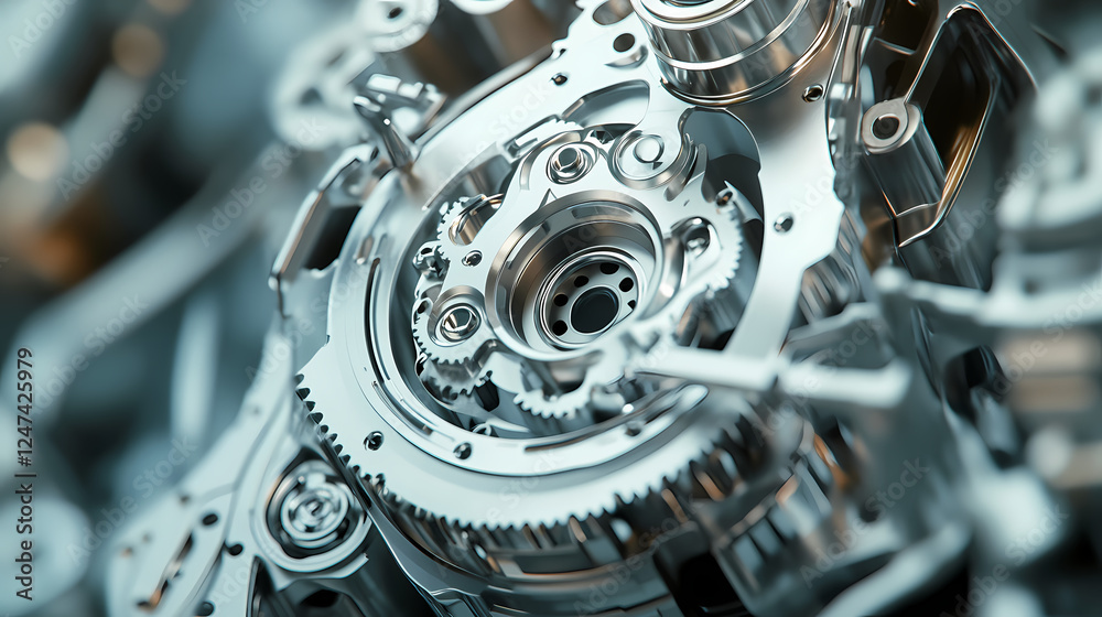 Naklejka premium A detailed shot of a mechanical engineering part being assembled, with clean space for text around the part. Mechanical Lifeforms. Illustration