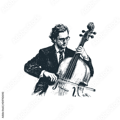 Cellist Performing – Black and White Icon Vector and Illustration