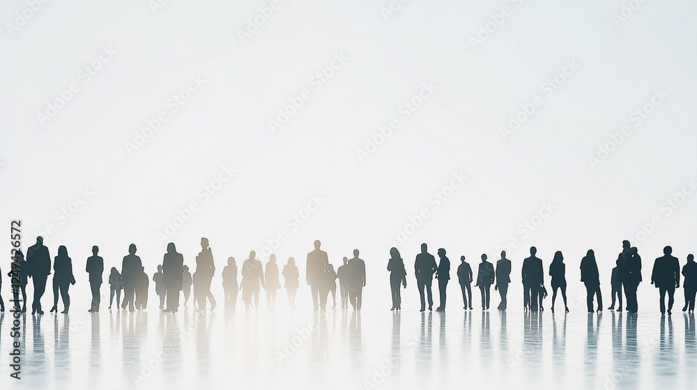 Naklejka premium Group of business people silhouettes in modern office building and business network concept. Human resources with pastel innovation charts and graphs with statistics to analyze business