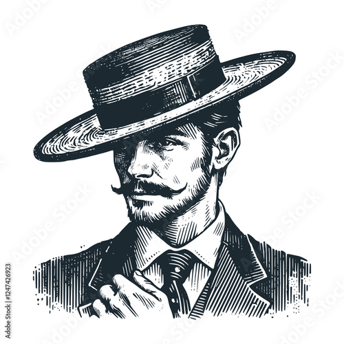 Young Man with Twirled Mustache Wearing Traditional Matador Hat – Black and White Icon Vector and Illustration