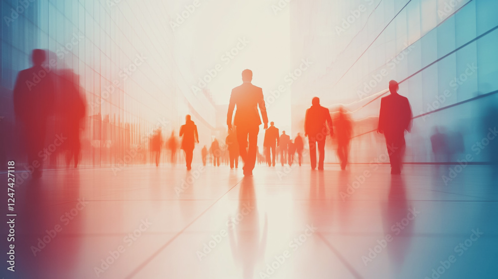 Fototapeta premium Group of business people silhouettes in modern office building and business network concept. Human resources with pastel innovation charts and graphs with statistics to analyze business