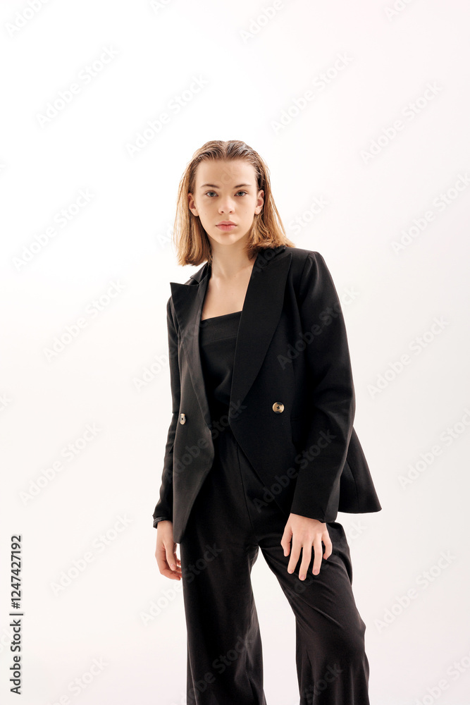 Fashion model poses confidently in stylish black ensemble against minimalistic background