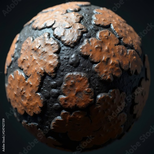 Detailed close-up of a textured sphere with organic, leaf-like patterns in contrasting colors qwerty photo