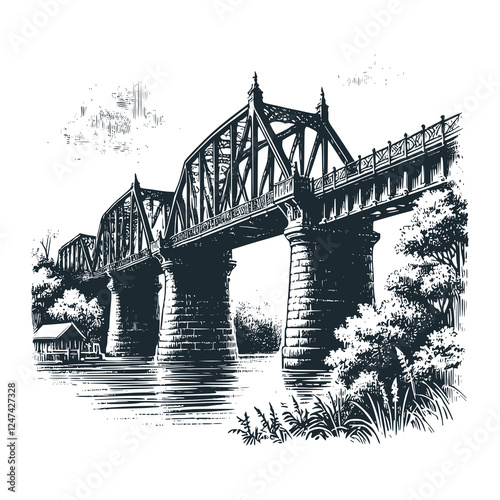 Old Iron Bridge Over River with Strong Brick Pillars – Black and white icon vector and icon illustration.	