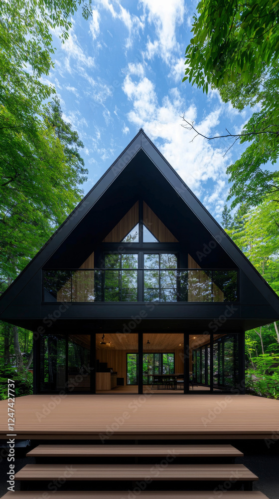 Modern A-Frame House with Large Windows and Warm Evening Lighting in Tranquil Landscape Modern A-Frame House with Large Windows and Warm Evening Lighting in Tranquil Landscape