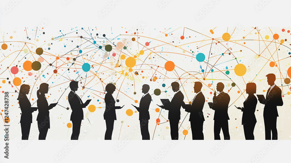 Group of business people silhouettes in modern office building and business network concept. Human resources with pastel innovation charts and graphs with statistics to analyze business Group of business people silhouettes in modern office building and business network concept. Human resources with pastel innovation charts and graphs with statistics to analyze business
