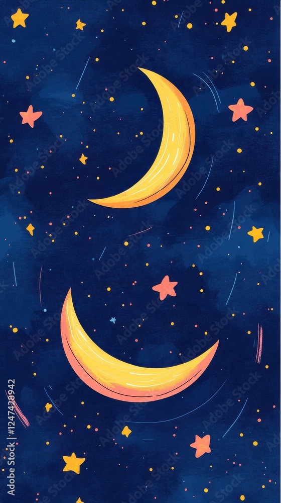 Fototapeta premium Two crescent moons and scattered stars in a dark sky