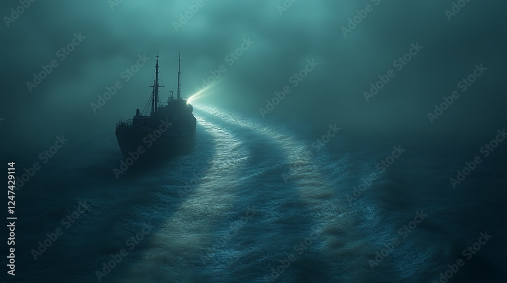 Fototapeta premium Lonely Ship Sailing Through Dark Foggy Waters