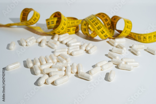 Measuring tape and tablets, vitamins on a light background with space for text. Concept of losing weight, dieting, burning fat, healthy eating. 