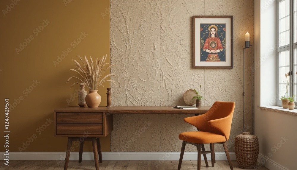 Fototapeta premium In a serene corner, a beautifully designed workspace awaits inspiration. A wooden desk, adorned with a charming vase and a striking artwork, invites creativity in a tranquil environment