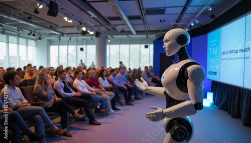 Futuristic robot assistant presenting to audience in conference room, innovation